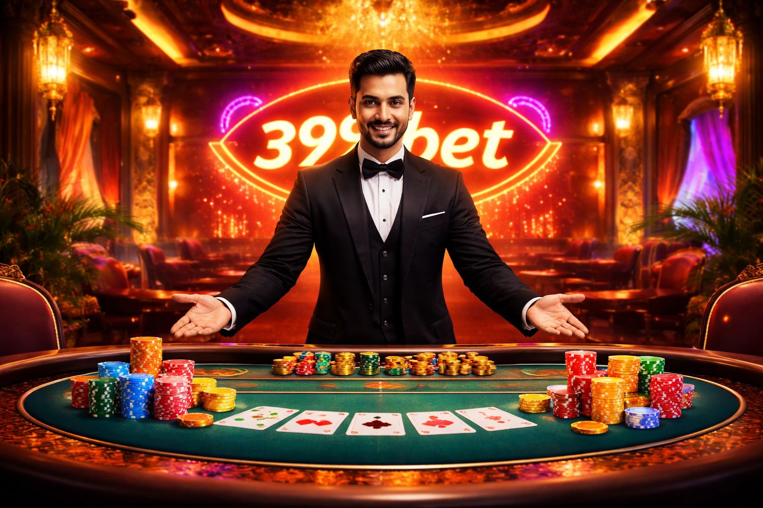 Polished Bengali croupier presenting a vivid gaming table covered in glowing chips symbolising trust and exhilarating fun at 399bet lounge