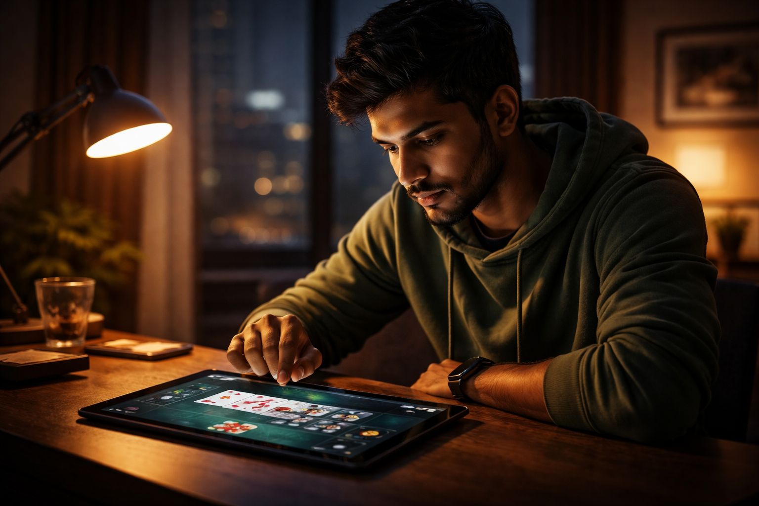 Bangladeshi gambler strategising over a virtual deck of cards on a stylish dark tablet