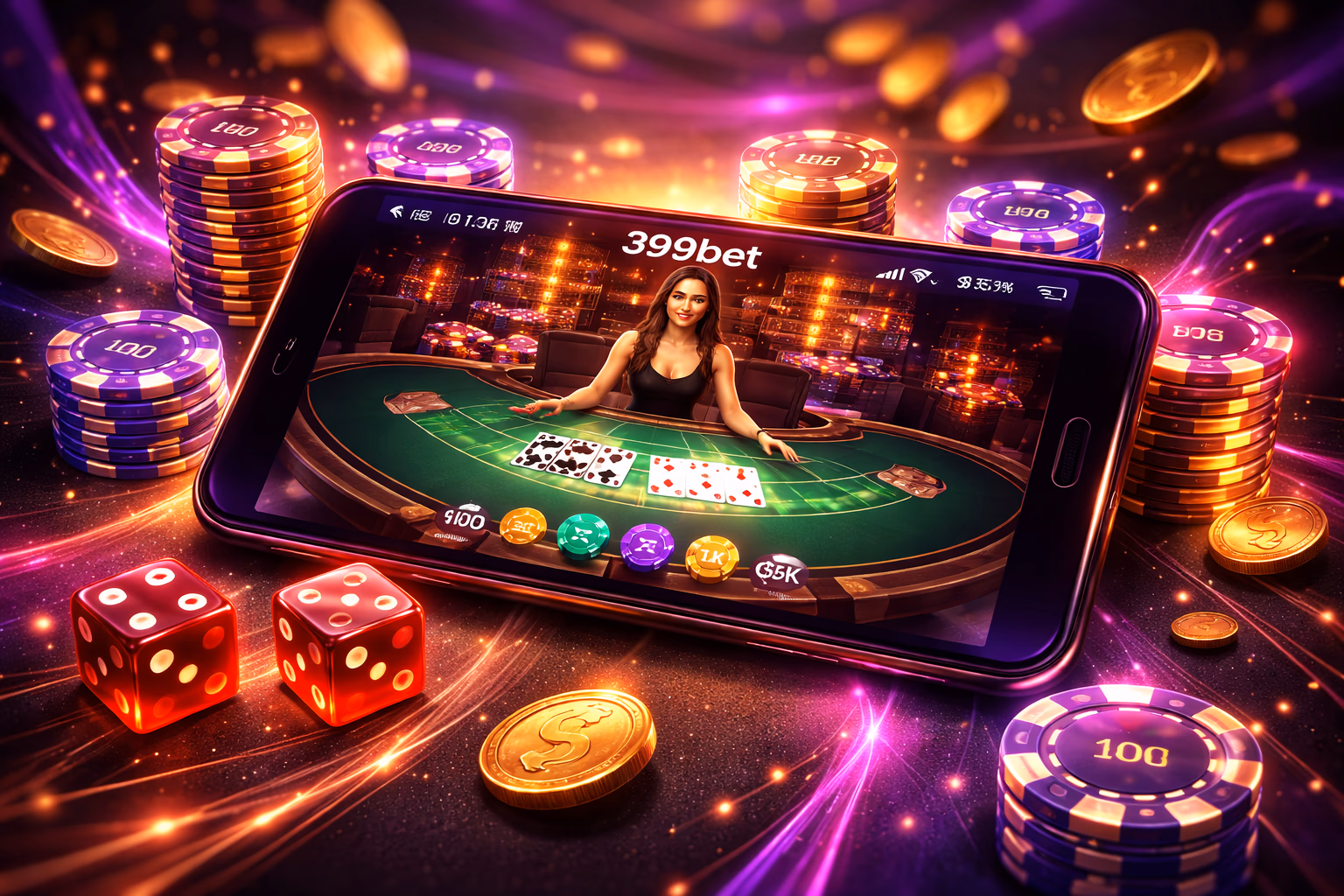 Confident Bangladeshi player exploring the 399bet betting app with floating golden coins and playing cards