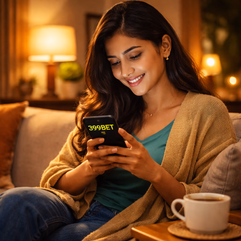 Cheerful Bangladeshi customer enjoying the 399bet betting app on her phone inside a comfy living room
