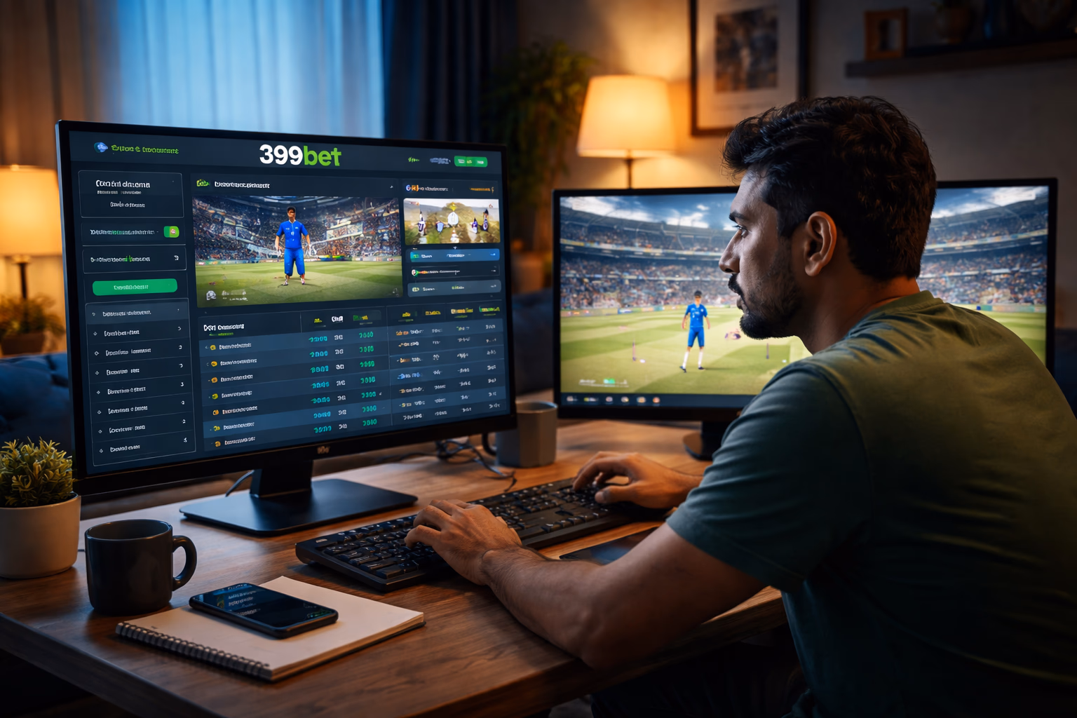 Focused Bangladeshi punter studying live cricket odds on a computer through 399bet while tracking a match broadcast on a nearby screen