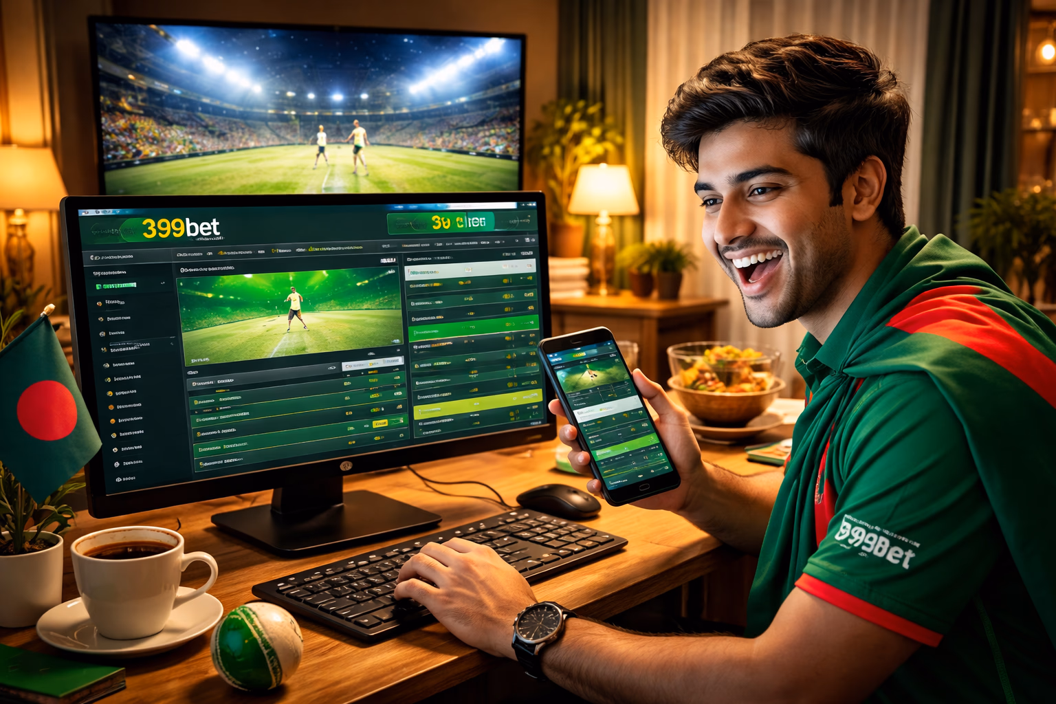 Engaged Bangladeshi sports follower using both desktop and smartphone at home while enjoying live cricket excitement and locking selections at 399bet