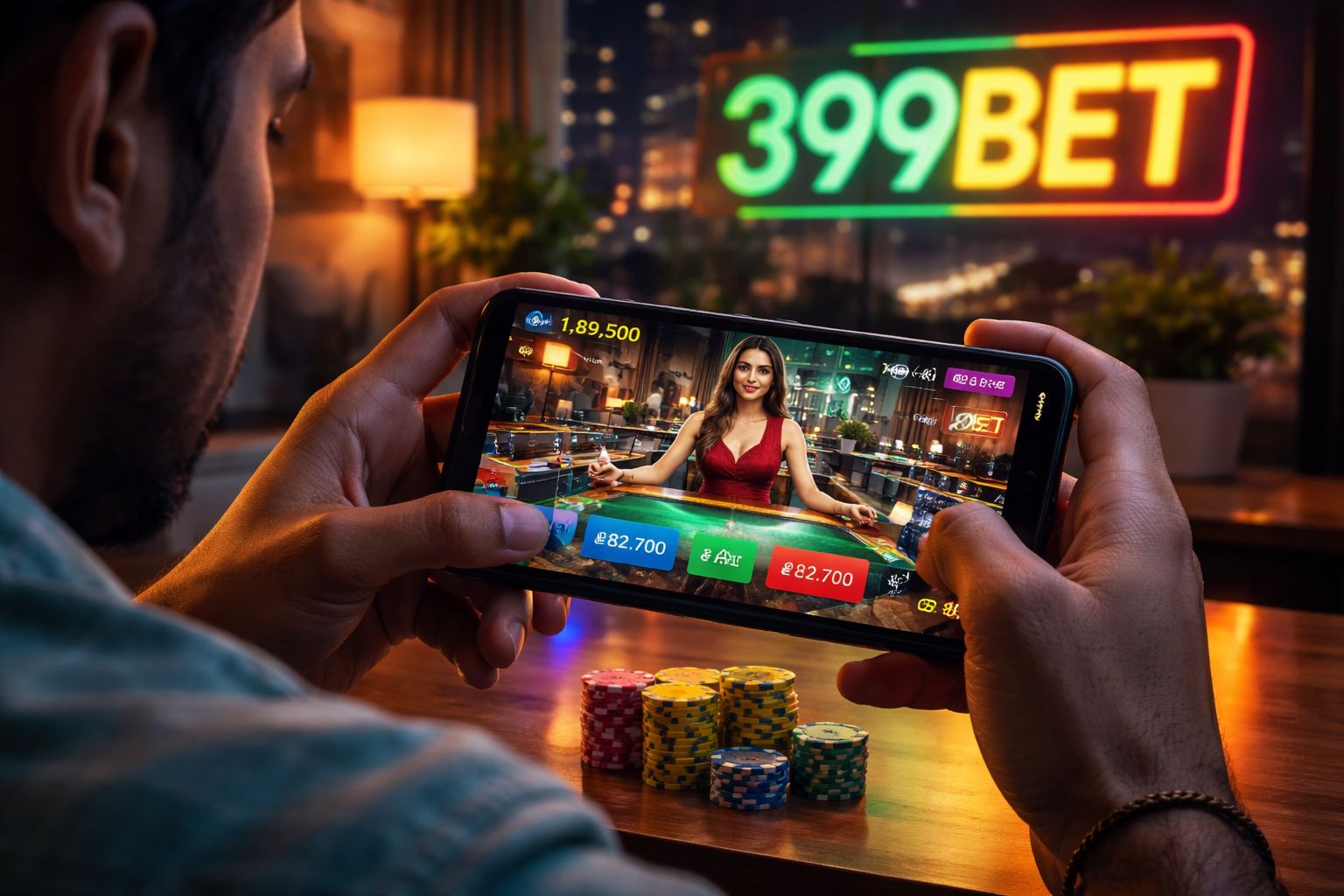 Glowing digital roulette wheel hovering over a tablet with neon 399bet sign denoting elite virtual casino fun in Bangladesh
