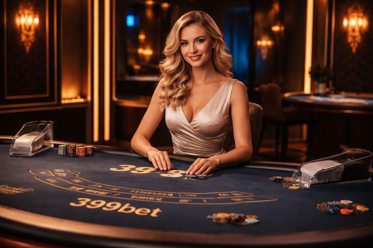 Elegant casino host smiling beside a roulette wheel surrounded by chic decor and bright lamps showing the high-class mood of 399bet in Bangladesh