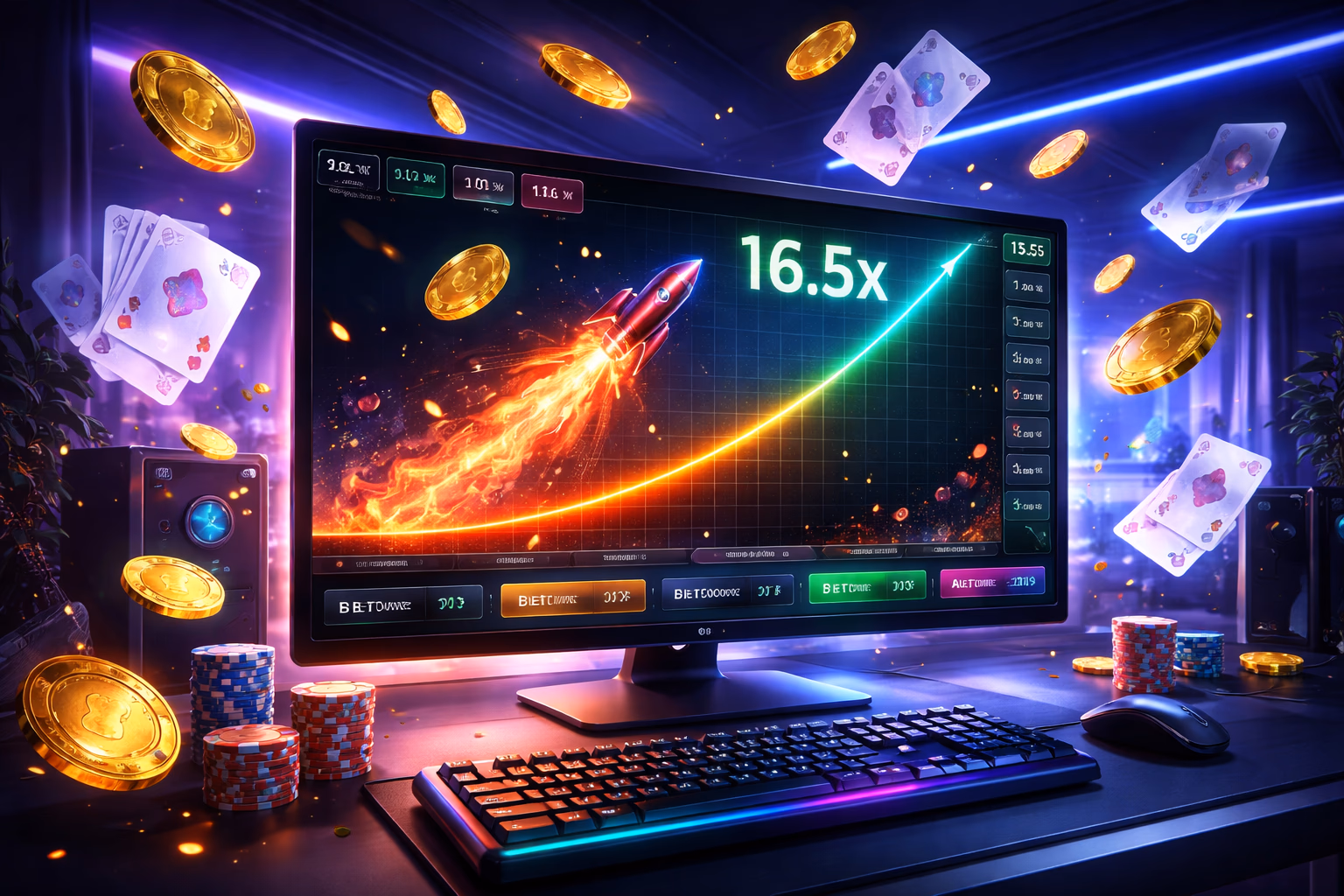Vivid monitor displaying the 399bet Aviator multiplier game with glowing chips and a rising flight curve