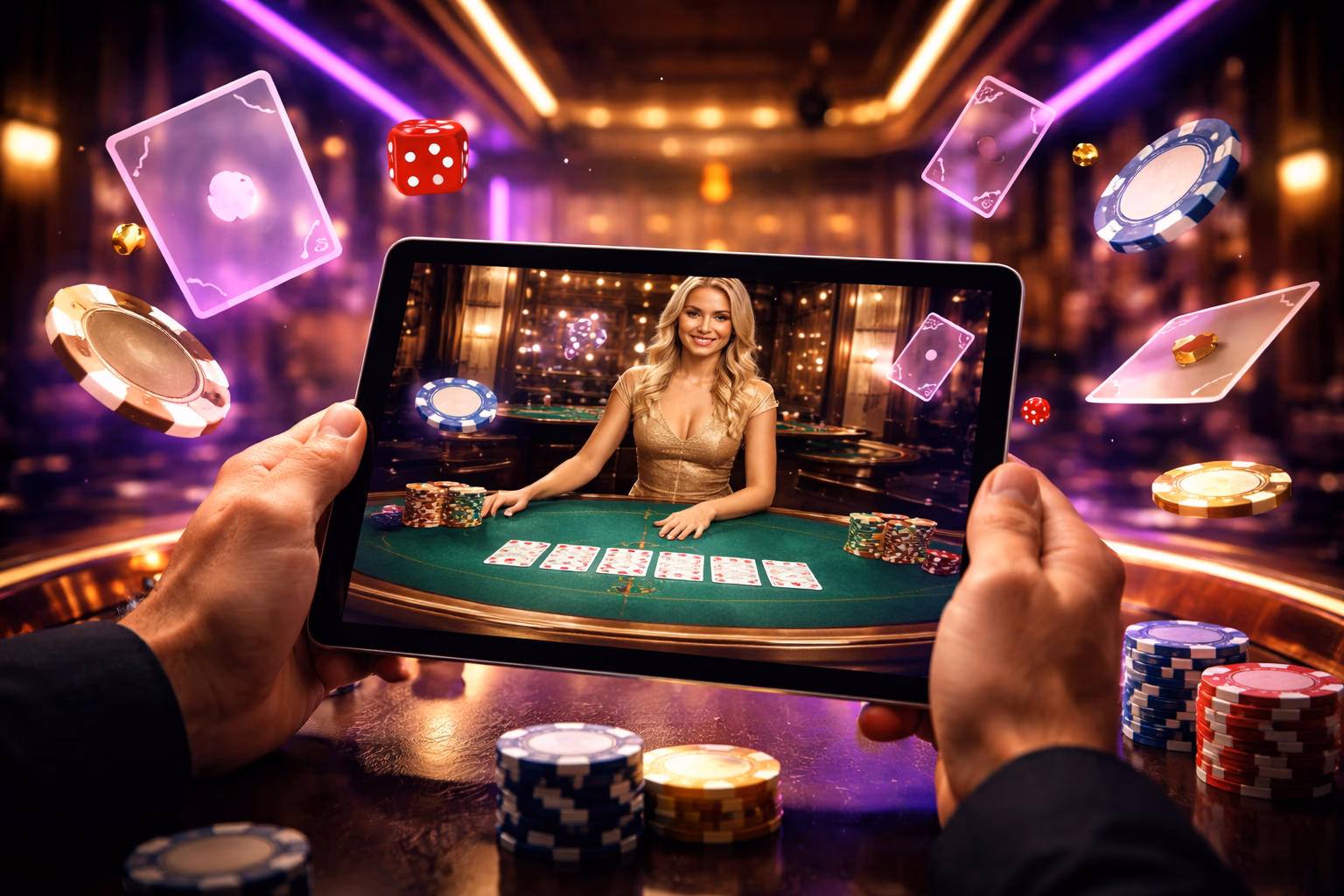 Focused casino enthusiast playing on a high-resolution screen surrounded by neon ambiance at the 399bet gaming portal